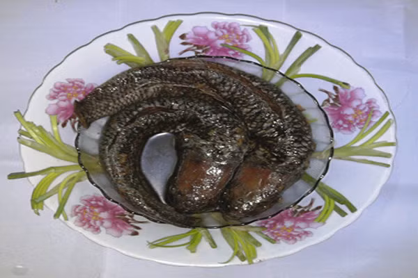 Mắm cá lóc. Qua miền Sóc Trăng, thực khách đã đời nếm món mắm này. Nó đặc biệt ở chỗ, mắm vẫn nguyên con, có thể ăn sống. Chỉ cần xé ra miếng vừa ăn, trộn với chút chanh, thêm đường, tỏi và ớt rồi trộn đều lên cho vừa ăn là được. Với mùi thơm đặc trưng của mắm, vị ngọt của đường cùng với vị chua của chanh hoà quyện với vị cay của tỏi ớt, tạo cho ta có cảm giác ăn càng muốn ăn. Mắm cá lóc cũng được chế biến thành nhiều món ăn hấp hẫn khác như: Nấu bún mắm, mắm chưng thịt hột vịt, mắm chiên,... (Ảnh: Soctrang.org).