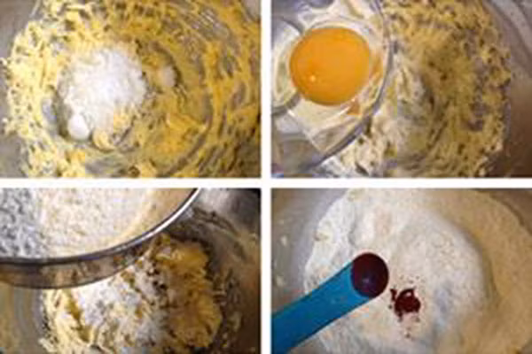 Nguyên liệu cần có: bột mỳ, trứng, bơ , đường, sirô dâu tây, khuôn tròn, cán bột. Đầu tiên, các bạn đánh bơ thật nhuyễn, thêm bột mỳ, trứng và chút sirô dâu tây trộn đều hỗn hợp này lên.