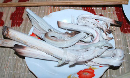  Đọt mây nướng vùi dưới than có vị thơm, bùi và đặc biệt không dai do còn giữ được nước. Ðọt mây nướng thường ăn kèm với muối hột giã với hạt tiêu rừng. Ảnh: nld