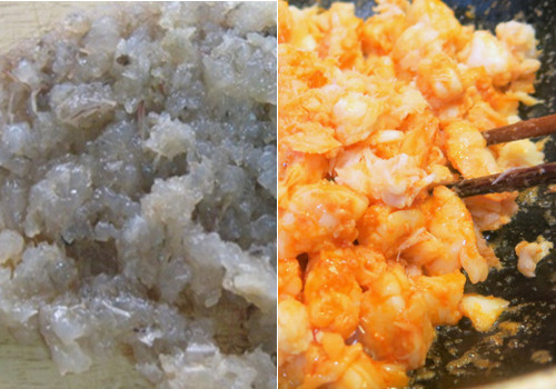 Công đoạn làm nhân cũng khá tỉ mỉ. Tôm bóc vỏ bằm nhuyễn, rồi xào với hành tím. Sau đó, nêm gia vị vừa ăn, xào đến khi khô thì cho vào cối, giã thật tơi. Giã xong bỏ lại vào chảo, đảo cho tôm tơi, bong đều. Ảnh: amthucgiadinh