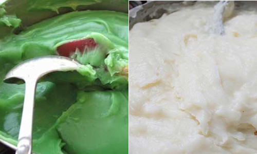 Bánh đúc lá dứa là món ăn mang đậm hương vị miền Tây Nam Bộ với vị béo đặc trưng của nước cốt dừa. Lá dứa xay nhuyễn cùng với nước, lọc lấy nước cốt. Pha hỗn hợp gồm bột năng, bột gạo, nước lá dứa. Khuấy đều hỗn hợp với chút dầu ăn. Ảnh: giacua