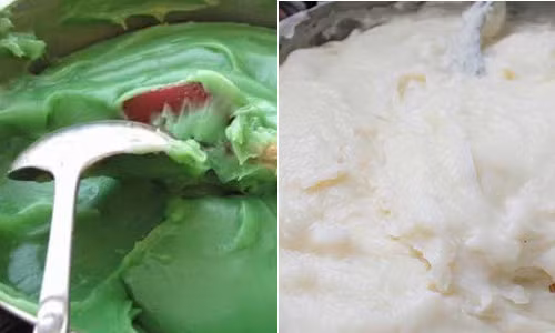 Bánh đúc lá dứa là món ăn mang đậm hương vị miền Tây Nam Bộ với vị béo đặc trưng của nước cốt dừa. Lá dứa xay nhuyễn cùng với nước, lọc lấy nước cốt. Pha hỗn hợp gồm bột năng, bột gạo, nước lá dứa. Khuấy đều hỗn hợp với chút dầu ăn. Ảnh: giacua