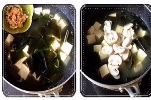 Tiếp đó bạn cho tôm khô để ráo nước (hoặc thịt bằm đã xào chín) vào nồi đảo nhẹ tránh làm vỡ đậu phụ và nát rong biển. Khi canh sôi lại, thả nấm và gừng lát vào, thêm chút gia vị cho vừa miệng, nấu trong khoảng 2 phút thì tắt lửa. Sau đó chỉ cần múc ra bát và thưởng thức kèm cơm nóng sẽ rất ngon. (Ảnh:Vaobepcungban)