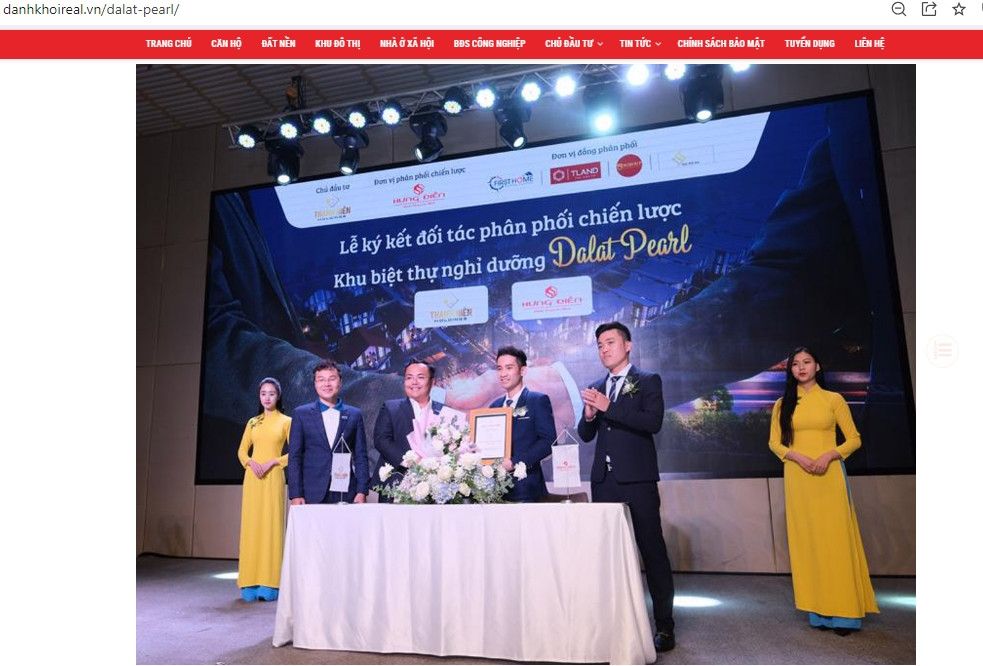 Thông tin quảng cáo cho biết, dự án “Khu biệt thự nghỉ dưỡng Đà Lạt Pearl” sở hữu quy mô 5,3 ha, chủ đầu tư là Công ty CP Phát triển Bất động sản Thanh Niên Holdings. “Dự án” cung cấp ra thị trường 86 sản phẩm biệt thự được thiết kế theo phong cách Triple Keys. (Ảnh: Chụp màn hình).