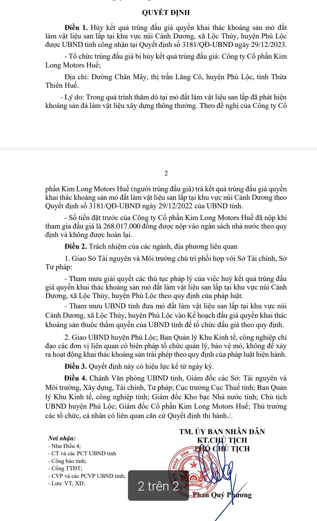 Biết gì về Kim Long Motor Huế xin hủy kết quả trúng đấu giá mỏ? Biet gi ve Kim Long Motor Hue xin huy ket qua trung dau gia mo?