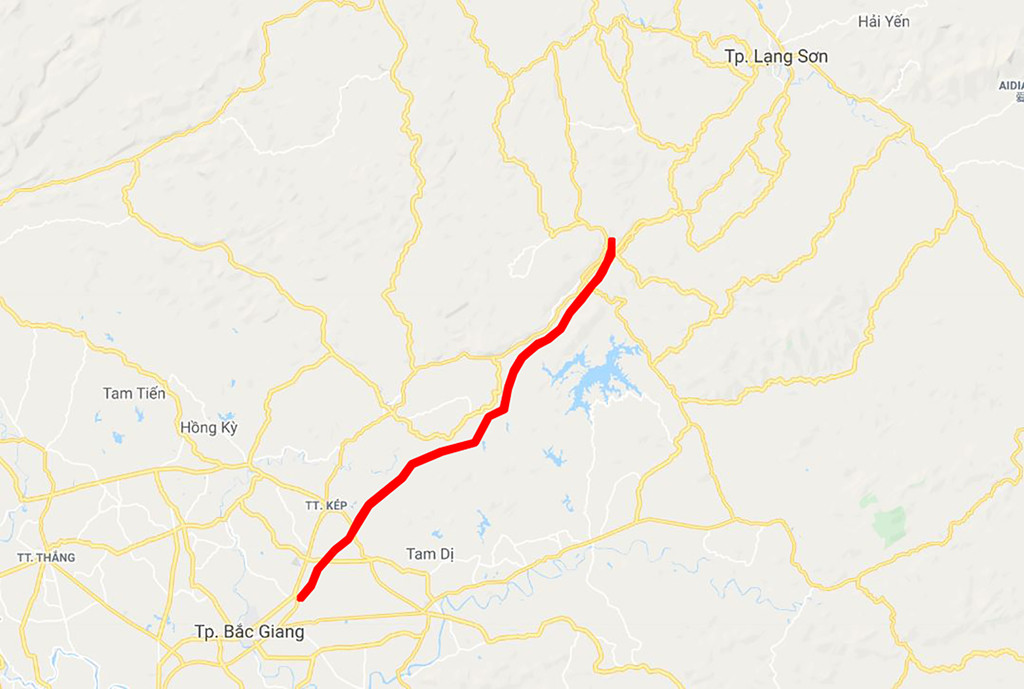 Bản đồ mô phỏng tuyến đường cao tốc Bắc Giang - Lạng Sơn. Ảnh: Google Maps