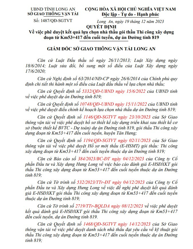 Long An: 2 gói thầu thi công dự án ĐT 819 về tay Cty Bình Trang Long An: 2 goi thau thi cong du an DT 819 ve tay Cty Binh Trang