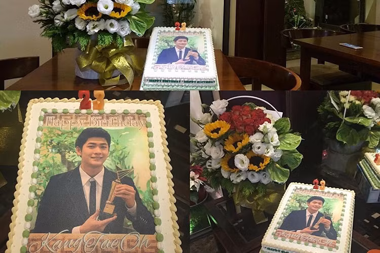 Ê-kíp phim “Tuổi thanh xuân” 2 đã tặng nam diễn viên người Hàn Quốc chiếc bánh kem in hình của anh. (Ảnh: linhsu06) 