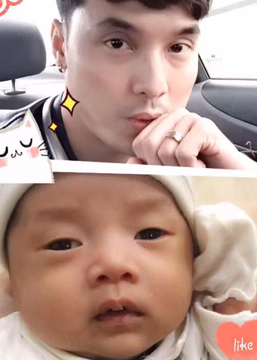 Nam ca sĩ sinh năm 1981 thích thú ghép ảnh của mình và cậu con trai đã tròn 2 tháng tuổi. 
