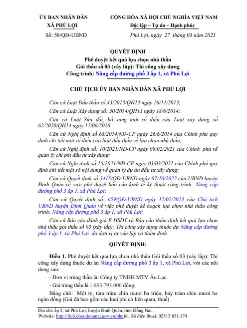Đồng Nai: Duy nhất Cty Âu Lạc trúng 2 gói thầu tại xã Phú Lợi Dong Nai: Duy nhat Cty Au Lac trung 2 goi thau tai xa Phu Loi