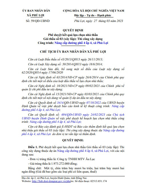 Đồng Nai: Duy nhất Cty Âu Lạc trúng 2 gói thầu tại xã Phú Lợi - Hình 3 Dong Nai: Duy nhat Cty Au Lac trung 2 goi thau tai xa Phu Loi-Hinh-3