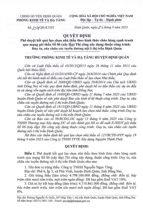 Đồng Nai: Cty Ngọc Tùng 1 ngày trúng 3 gói thầu tại Định Quán Dong Nai: Cty Ngoc Tung 1 ngay trung 3 goi thau tai Dinh Quan