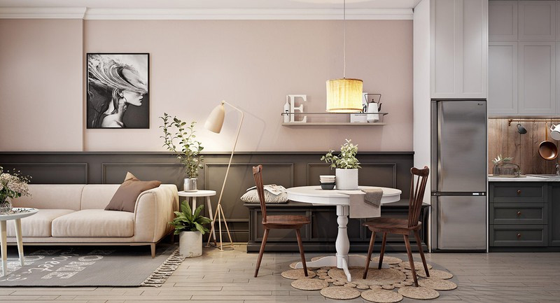 Bàn ăn tròn cùng ghế ăn gắn vào tường, là một cách tiết kiệm diện tích thông minh mà không phải ai cũng nghĩ được.