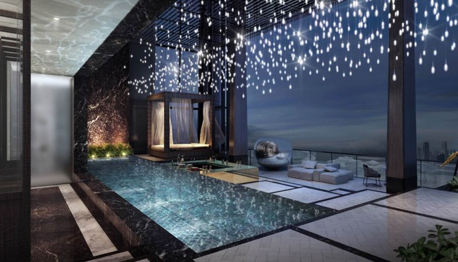 Hồ bơi nơi ban công được trang trí lộng lẫy, lung linh với cảnh sắc Singapore nhộn nhịp.