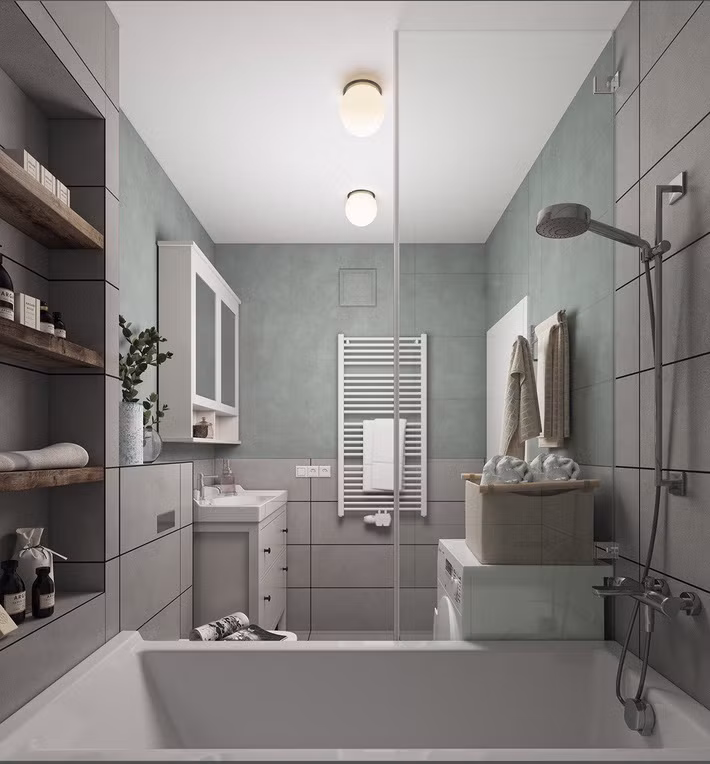 Phòng tắm cỏ tủ lưu trữ màu trắng, hài hòa với sắc xanh bàng bạc của tường. Một tông màu teal nhẹ và khăn mang lại một nét nữ tính cho một không gian phòng tắm dịu êm.