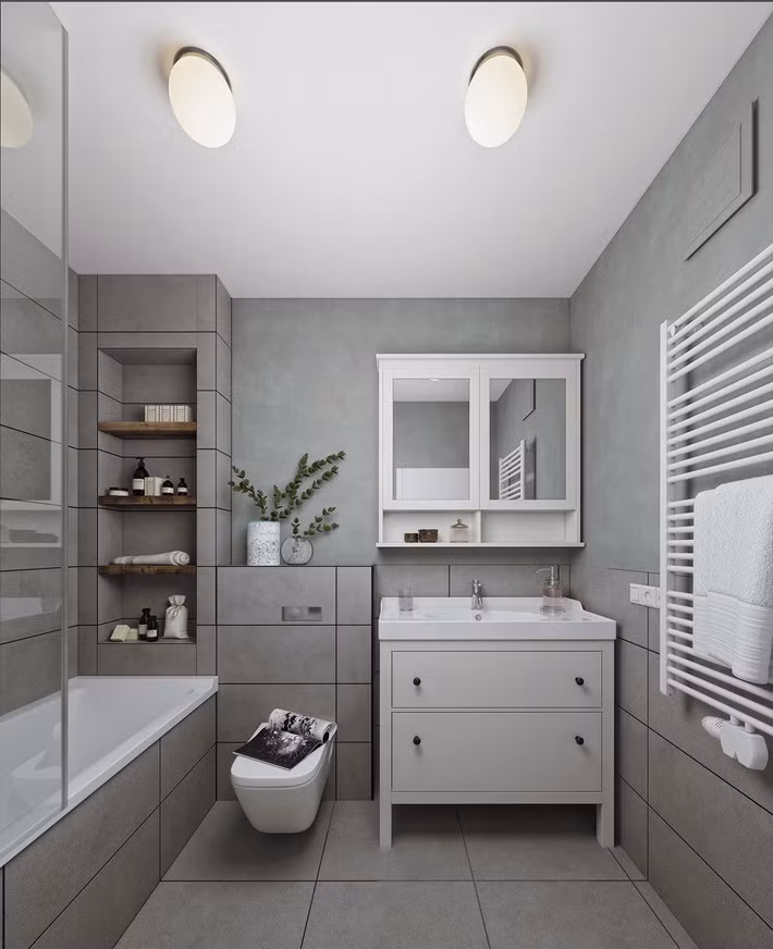 Kệ gỗ và chậu cây nhỏ lấp đầy căn phòng, tạo vẻ đẹp thiên nhiên hấp dẫn.