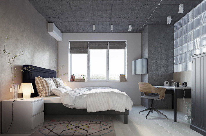 Phòng ngủ với vách ngăn kính đem lại bầu không khí hoàn hảo khi ngủ nghỉ. Thảm hình học cùng ghế cũng dạng hình học bằng gỗ, một loạt cửa sổ hình chữ nhật tạo nét tương đồng ấn tượng.