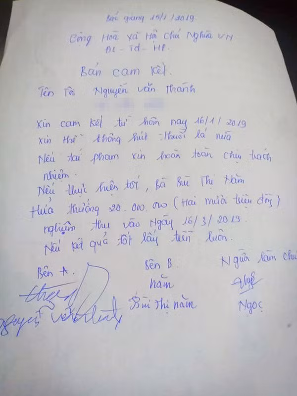 Ban cam ket treo thuong 20 trieu dong neu chong bo thuoc la