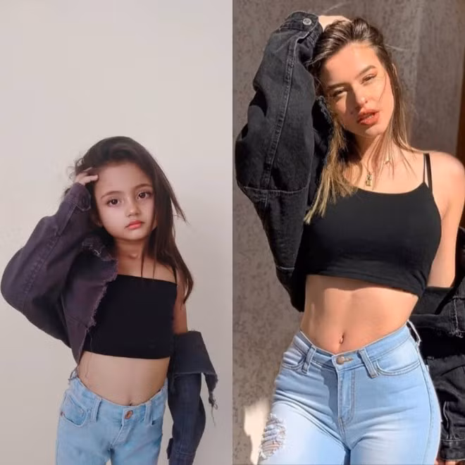 Bé gái 6 tuổi nhìn chất ngầu, sexy không kém hot girl 10 triệu người theo dõi Lea Elui G khi mặc áo hai dây, quần jeans cạp cao và áo khoác ngắn cá tính.