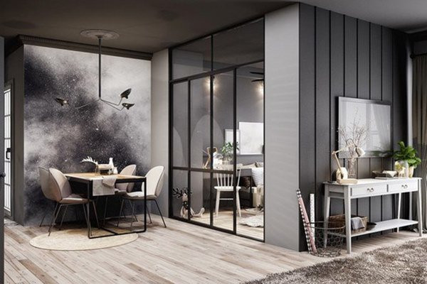 Bức tranh mây đen vần vũ được sử dụng cạnh bàn ăn, thể hiện gu thẫm mỹ độc đáo của chủ nhân.