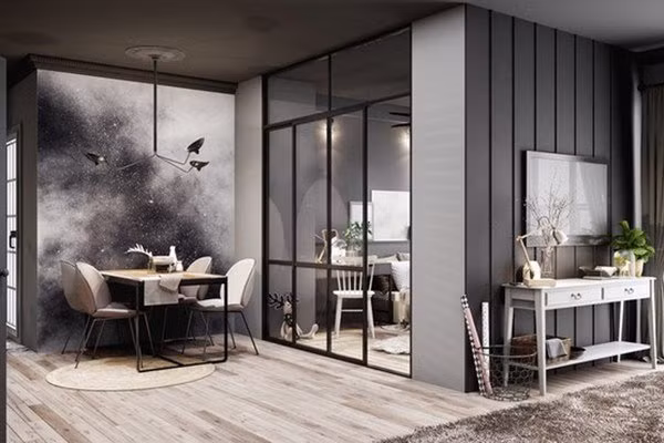 Bức tranh mây đen vần vũ được sử dụng cạnh bàn ăn, thể hiện gu thẫm mỹ độc đáo của chủ nhân.