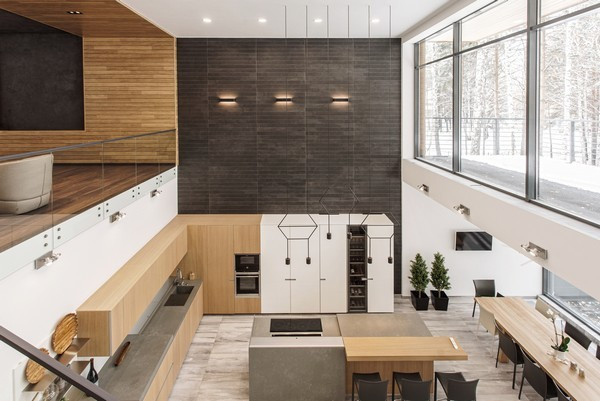 Giống như các sản phẩm nhà tử gỗ khác Landform House rất thân thiện với môi trường Nội thất ngôi nhà được thiết kế khá tinh tế làm nổi bật hai mảng màu sáng tối. Nằm giữa cánh rừng tự nhiên, Landform House phải đáp ứng được yếu tố thân thiện, hòa nhập với thiên nhiên xung quanh nhưng đồng thời vẫn phải nổi bật lên giữa miền tuyết trắng. Các vật liệu thân thiện với môi trường và có tính thẩm mỹ cao được lựa chọn cho nội thất ngôi nhà như gỗ, đá granite với kết cấu tự nhiên, kim loại và thủy tinh.