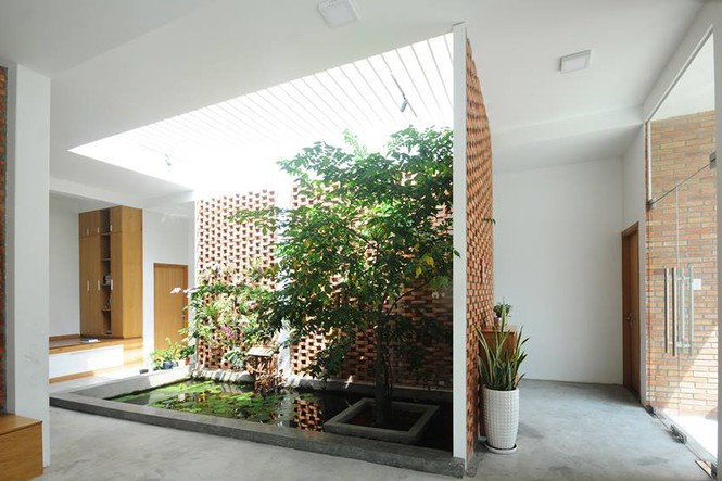 Tiểu cảnh hồ sen được thiết kế có tấm lấy sáng rất tinh tế khéo léo.