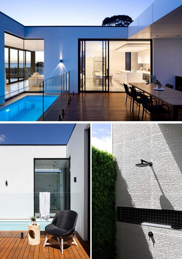 Liền kề với nhà bếp và phòng khách là một khu vực với một bàn ăn để dùng bữa ngoài trời và bể bơi để giải nhiệt vào một ngày nóng.