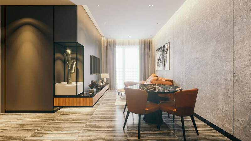 Chiếc bàn ăn tròn cùng chân bàn gọn nhẹ, giúp khu vực sinh hoạt chung thêm gọn gàng.