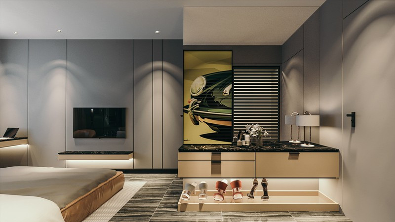 Ngăn kéo của bàn trang điểm được sử dụng như một chiếc kệ giày độc đáo.