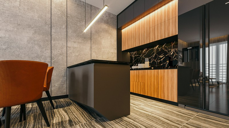 Cũng giống như cách trang trí của những căn hộ hiện đại khác, đảo bếp được sử dụng như vách ngăn tạm giữa bàn ăn và bếp nấu.