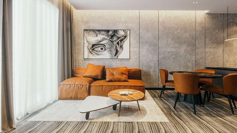 Một chiếc thảm màu be dùng để tách biệt khu vực bàn ăn với bếp và lối đi xung quanh.