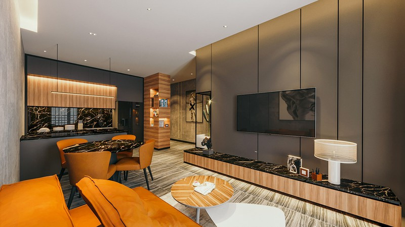 Chiếc kệ kéo dài vào đến tận phòng khách và nhà bếp liền kề.