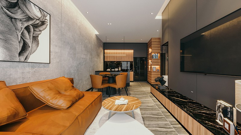 Ghế sofa và ghế ăn bọc da tăng độ êm ái, đẩy cao sự sang trọng cho căn phòng.