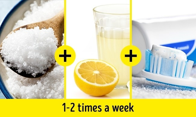 5. Muối biển, nước chanh và kem đánh răng Để làm men răng dần sáng lên mà không ê buốt, bạn có thể vào bếp lấy một ít nước cốt chanh, cộng với một nhúm muối biển và trộn đều với kem đánh răng bạn thường dùng. Sau đó thoa hỗn hợp này lên răng và để yên 1 phút rồi xúc miệng sạch với nước. Dần dần các vùng mảng bám, ố vàng sẽ tạm biệt bạn.
