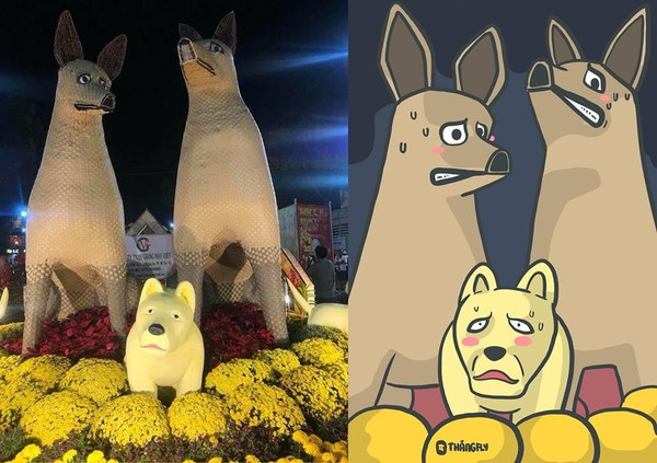 3 chú chó hốt hoảng giữa vườn hoa.