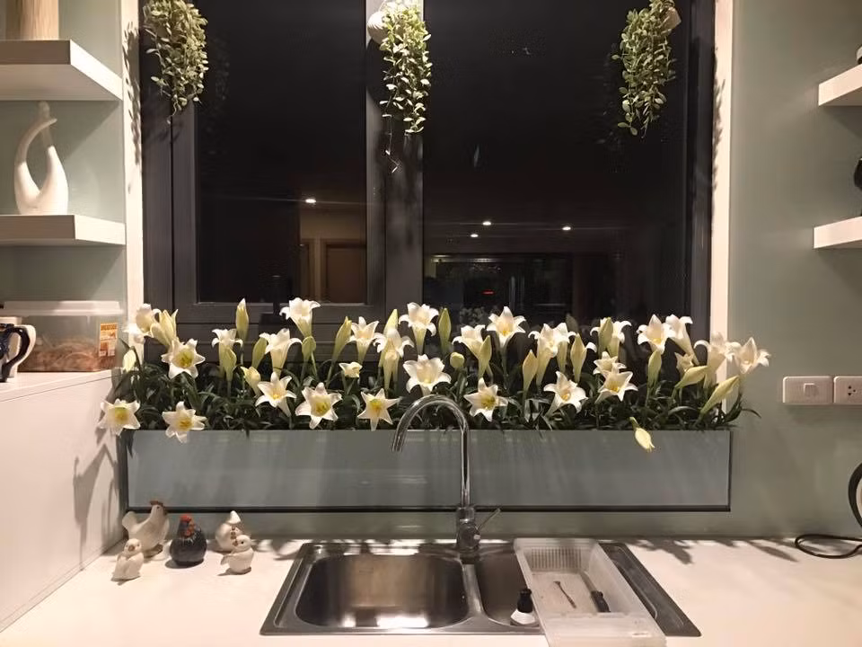 Chị Thuý đã quyết định tự tạo một chậu dài bằng kính cố định trên bệ để cắm hoa.