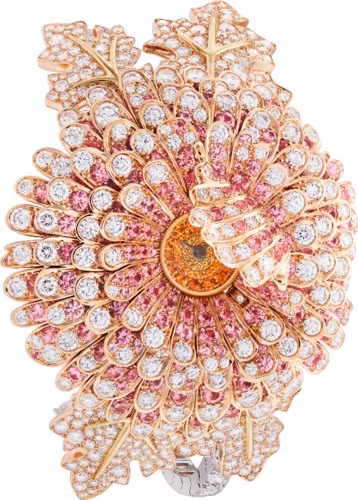 Đồng hồ bí mật Crysantheme lấy ý tưởng từ những bông cúc tạo nên bởi hồng ngọc, kim cương và vàng 18k.