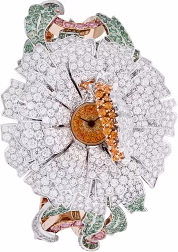 Đồng hồ bí mật Pivoine với cánh hoa được làm bằng kim cương điểm xuyết lá bằng ngọc lục bảo và nụ hoa bằng saphire.