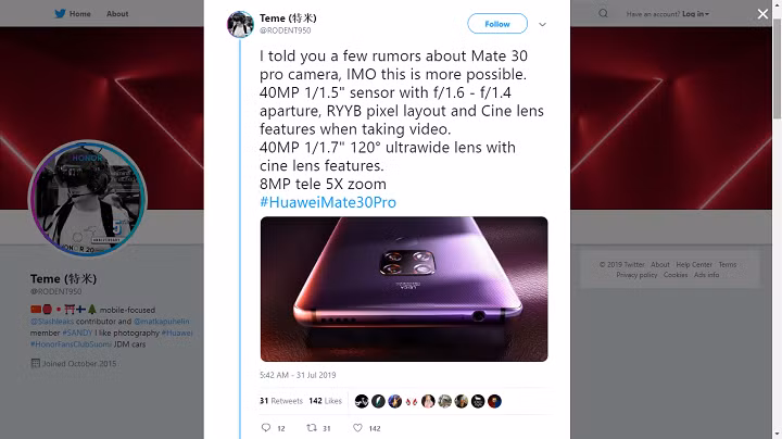 Ro ri camera cua Huawei Mate 30 pro voi 2 cam bien 40mp