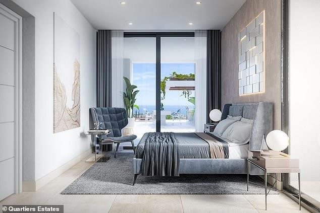 Phòng ngủ có những tông màu trung tính, gam màu lạnh, và cánh cửa cỡ lớn giúp căn phòng trở nên ấm áp hơn với ánh sáng tự nhiên ngập tràn.