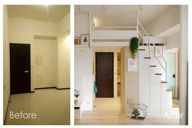 Căn hộ được tăng thêm diện tích sử dụng bằng việc làm thêm một gác xép (bên phải).