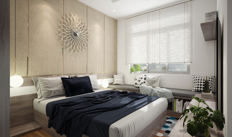 Đồng hồ hình hoa sắt giúp phần đầu giường bớt trống trải.