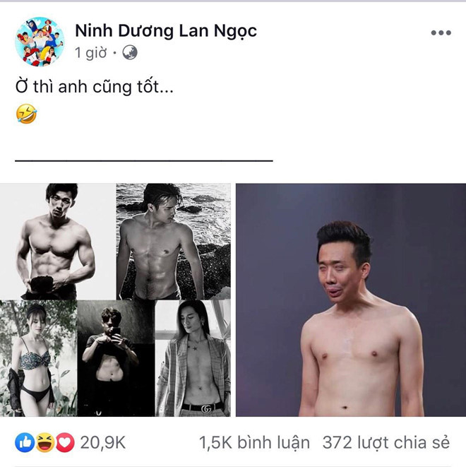 Gần đây, Ninh Dương Lan Ngọc cũng chia sẻ trên trang cá nhân loạt ảnh của đồng nghiệp. Tuy nhiên, khác với những người còn lại, nữ diễn viên chọn một tấm hình Trấn Thành để lộ thân hình kém săn chắc và biểu cảm hài hước. Bài đăng của Lan Ngọc nhận được phản ứng thích thú của người hâm mộ.