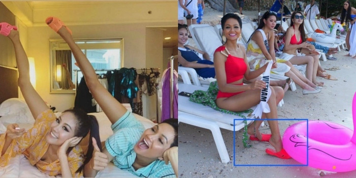 H'Hen Niê là Hoa hậu có công mang thương hiệu dép tổ ong ra quốc tế khi cô dùng nó làm quà tặng cho thí sinh cùng thi. Sang Thái Lan thi HHHV 2018, trong một hoạt động ngoài trời tại bãi biển Pattaya, H'Hen thu hút ống kính phóng viên khi diện đôi dép tổ ong bằng nhựa cùng màu sắc với bộ bikini. H'Hen còn mang theo nhiều đôi dép để tặng các thí sinh thân thiết, trong ảnh là cô cùng bạn cùng phòng - Hoa hậu Hàn Quốc (trái).