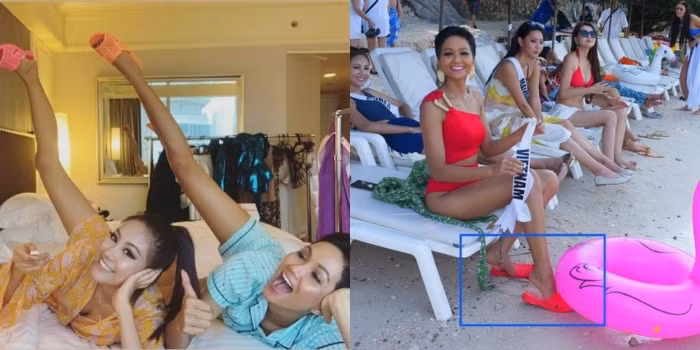 H'Hen Niê là Hoa hậu có công mang thương hiệu dép tổ ong ra quốc tế khi cô dùng nó làm quà tặng cho thí sinh cùng thi. Sang Thái Lan thi HHHV 2018, trong một hoạt động ngoài trời tại bãi biển Pattaya, H'Hen thu hút ống kính phóng viên khi diện đôi dép tổ ong bằng nhựa cùng màu sắc với bộ bikini. H'Hen còn mang theo nhiều đôi dép để tặng các thí sinh thân thiết, trong ảnh là cô cùng bạn cùng phòng - Hoa hậu Hàn Quốc (trái).