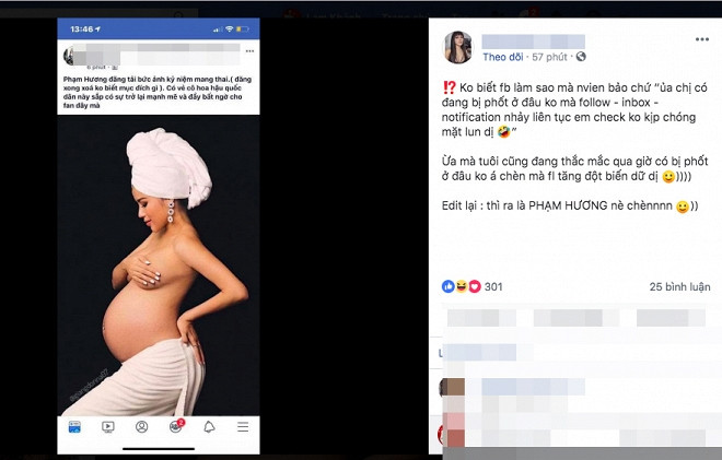 Su that dang sau anh Pham Huong khoe bung bau 