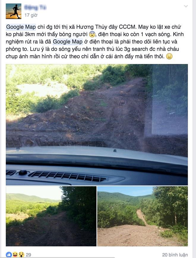 Tương tự trường hợp trên, một người dùng khác cũng dùng Google Maps trong chuyến công tác từ Hà Nội vào Huế. Anh tìm lộ trình đến thị xã Hương Thủy thì bị nhầm sang một đoạn đường núi, không thể tiếp tục đi nên quyết định quay lại. Ảnh chụp màn hình.
