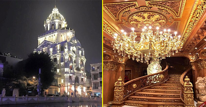 Nội thất bên trong tòa lâu đài gà vàng theo phong cách Châu Âu cổ điển, với hai tông màu chủ đạo là nâu, vàng, nhiều chi tiết được dát vàng. Sàn nhà được lát đá, phía trên trần nhà hoa văn trang trí được mạ vàng sáng rực. Tất cả mọi ngóc ngách trong ngôi nhà đều được trang trí phù điêu họa tiết tỉ mỉ.