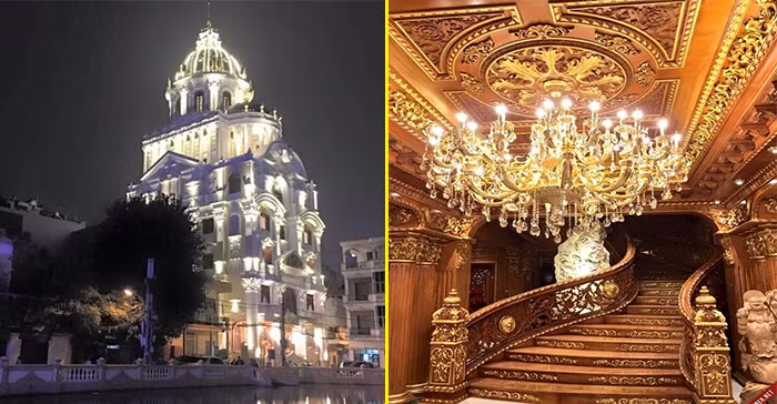 Nội thất bên trong tòa lâu đài gà vàng theo phong cách Châu Âu cổ điển, với hai tông màu chủ đạo là nâu, vàng, nhiều chi tiết được dát vàng. Sàn nhà được lát đá, phía trên trần nhà hoa văn trang trí được mạ vàng sáng rực. Tất cả mọi ngóc ngách trong ngôi nhà đều được trang trí phù điêu họa tiết tỉ mỉ.